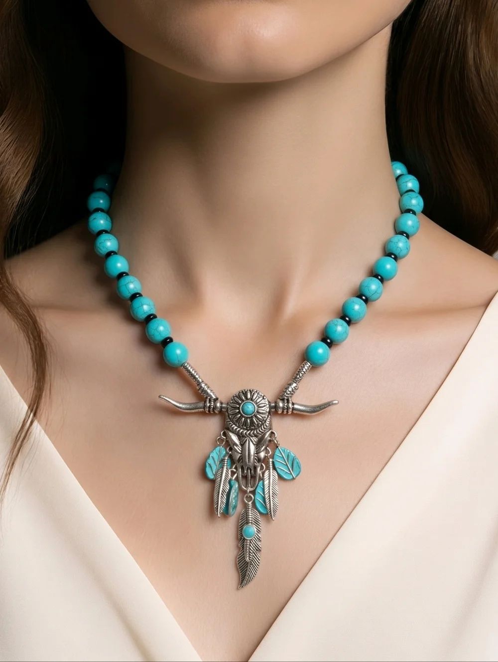 Western Steer Skull Turquoise Beaded Choker Feather Pendant Bull Head Necklace
